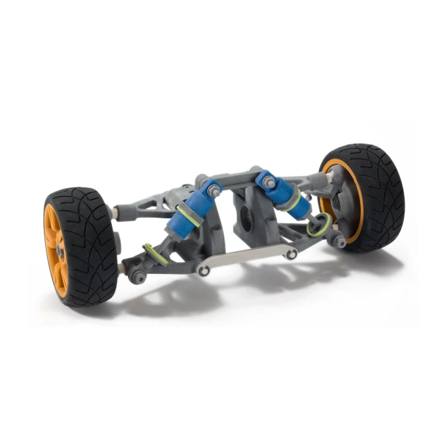 the robot skateboard with orange wheels is shown