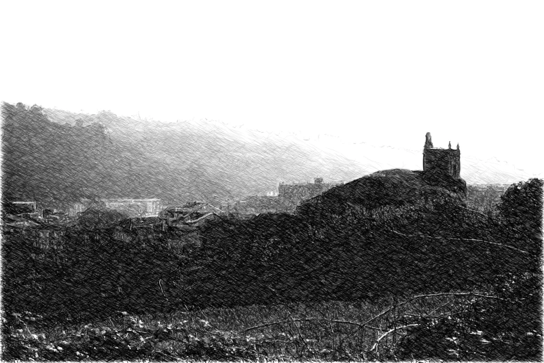 an image of a hill top and castle tower