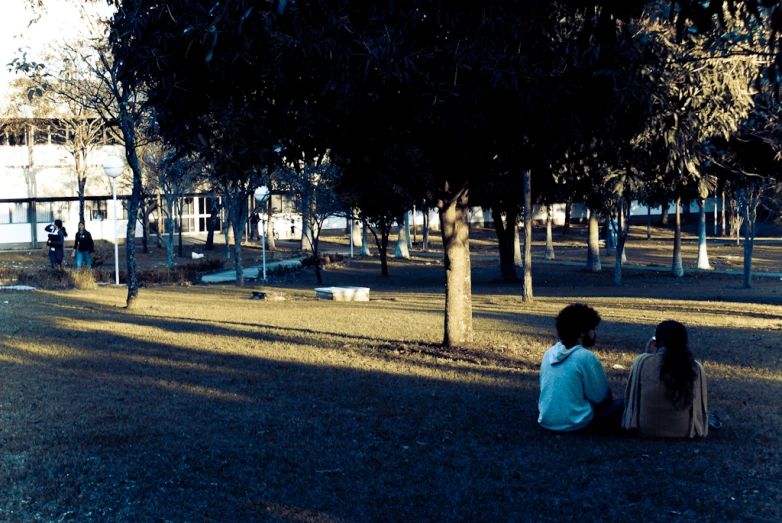 two people sitting on the ground under trees