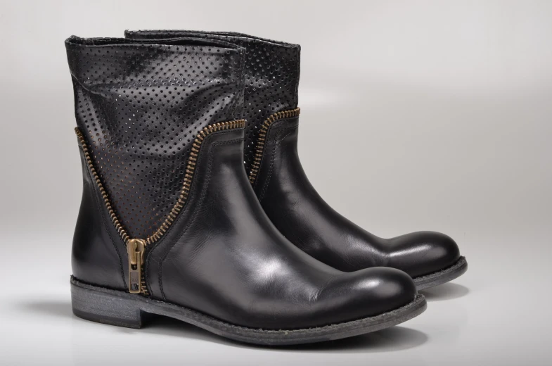 a pair of black ankle boots with zippers on top