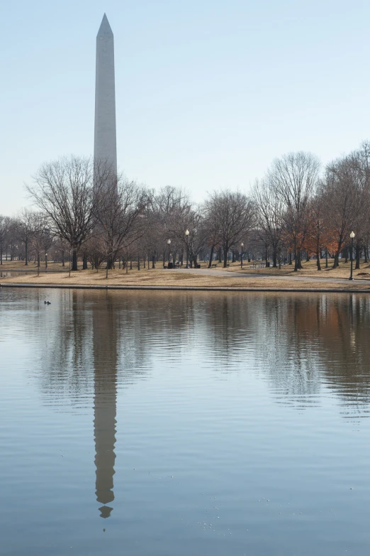 the washington monument with the reflecting pool on it's side