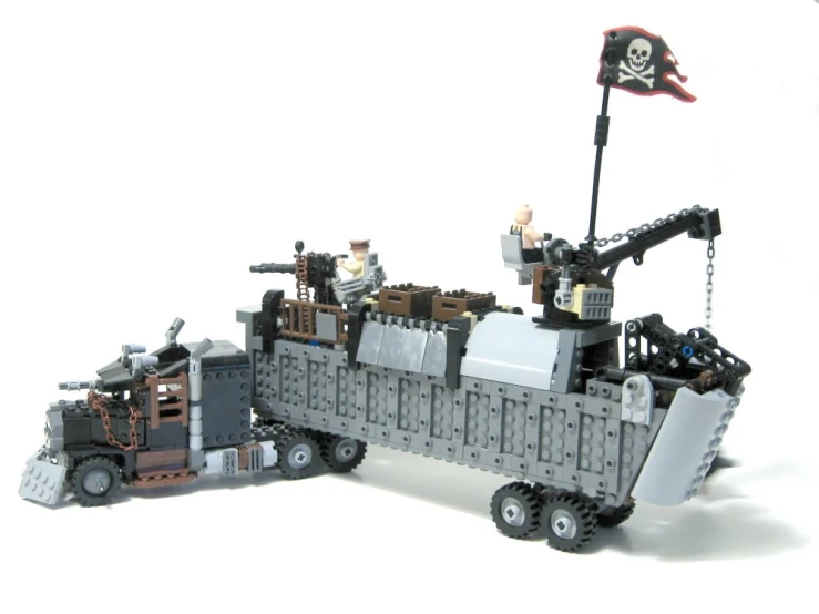 a truck made out of lego blocks with a pirate flag on top