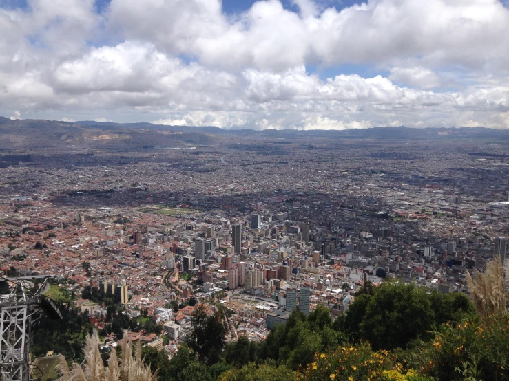 a bird - eye view of a city skyline that is below cloudy skies