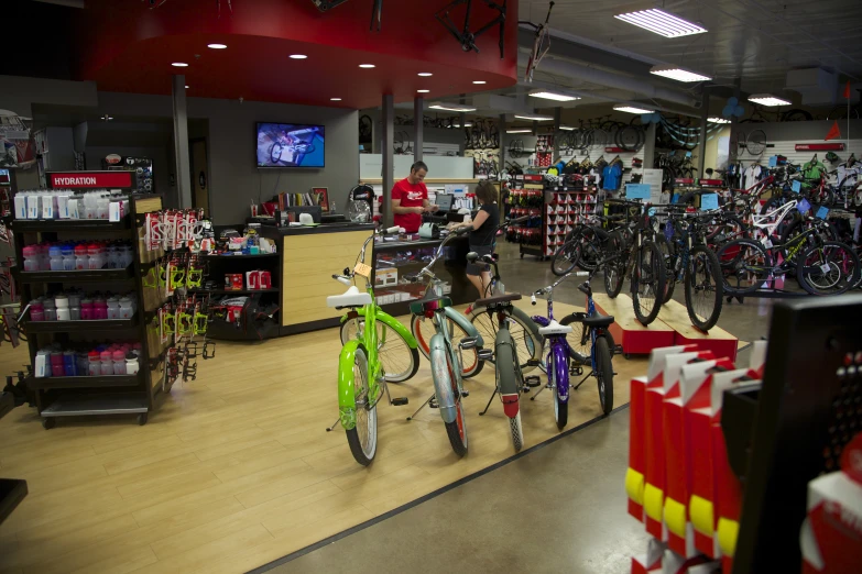 bicycles are on display in a bike store