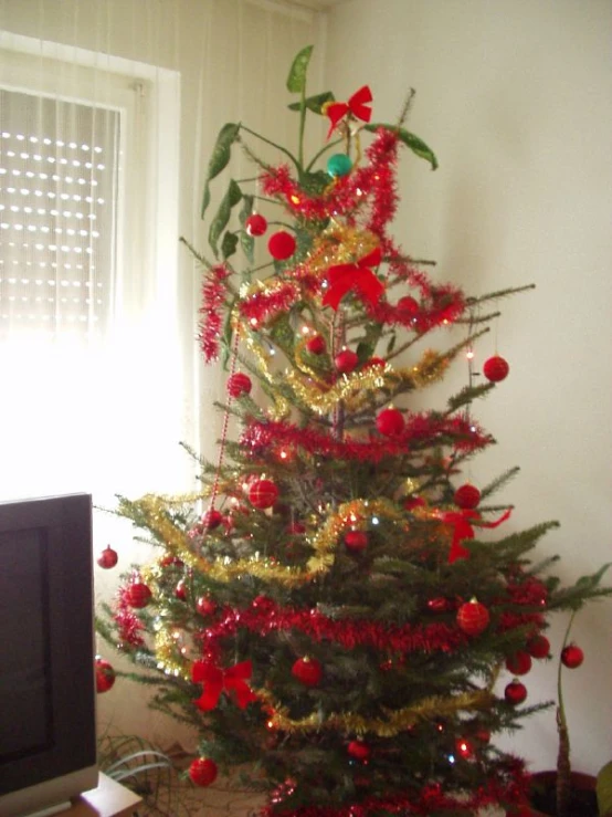 a christmas tree with decorations stands in front of a window