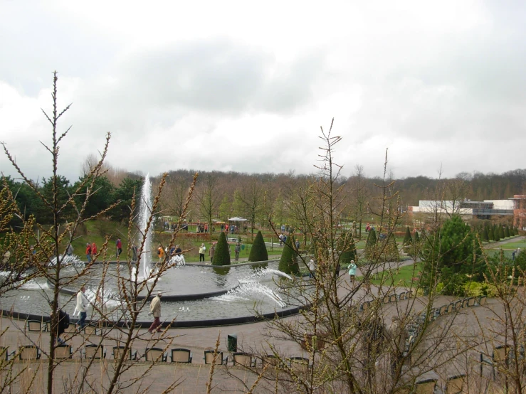 view of a pond, fountains and various trees