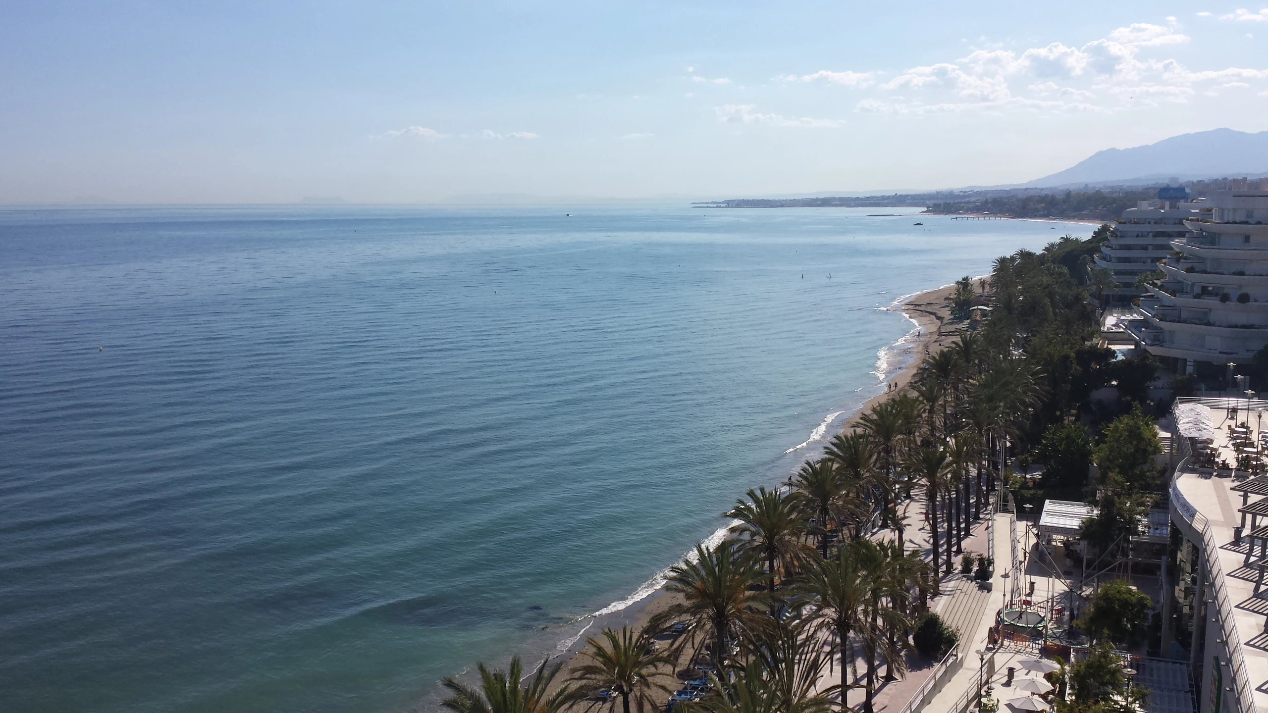 a view from an elevated building of the ocean and city