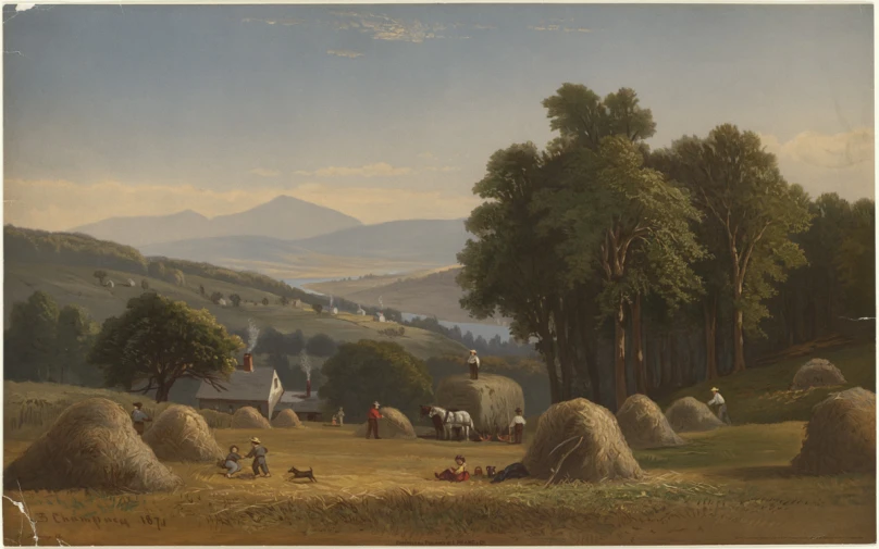 an oil painting of a village with hay bails