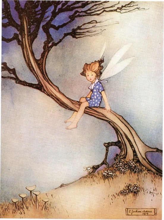 an illustration of a little girl sitting on top of a tree nch