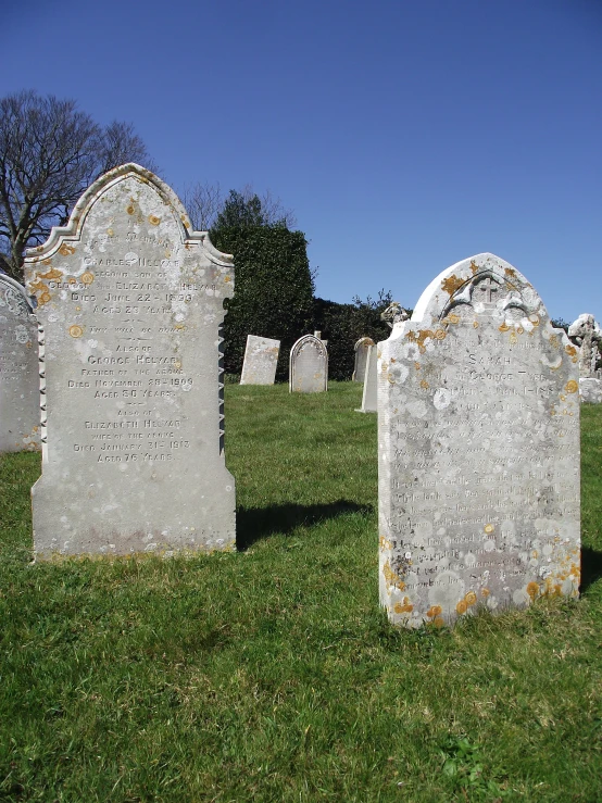 three graves in the grass with a blue sky