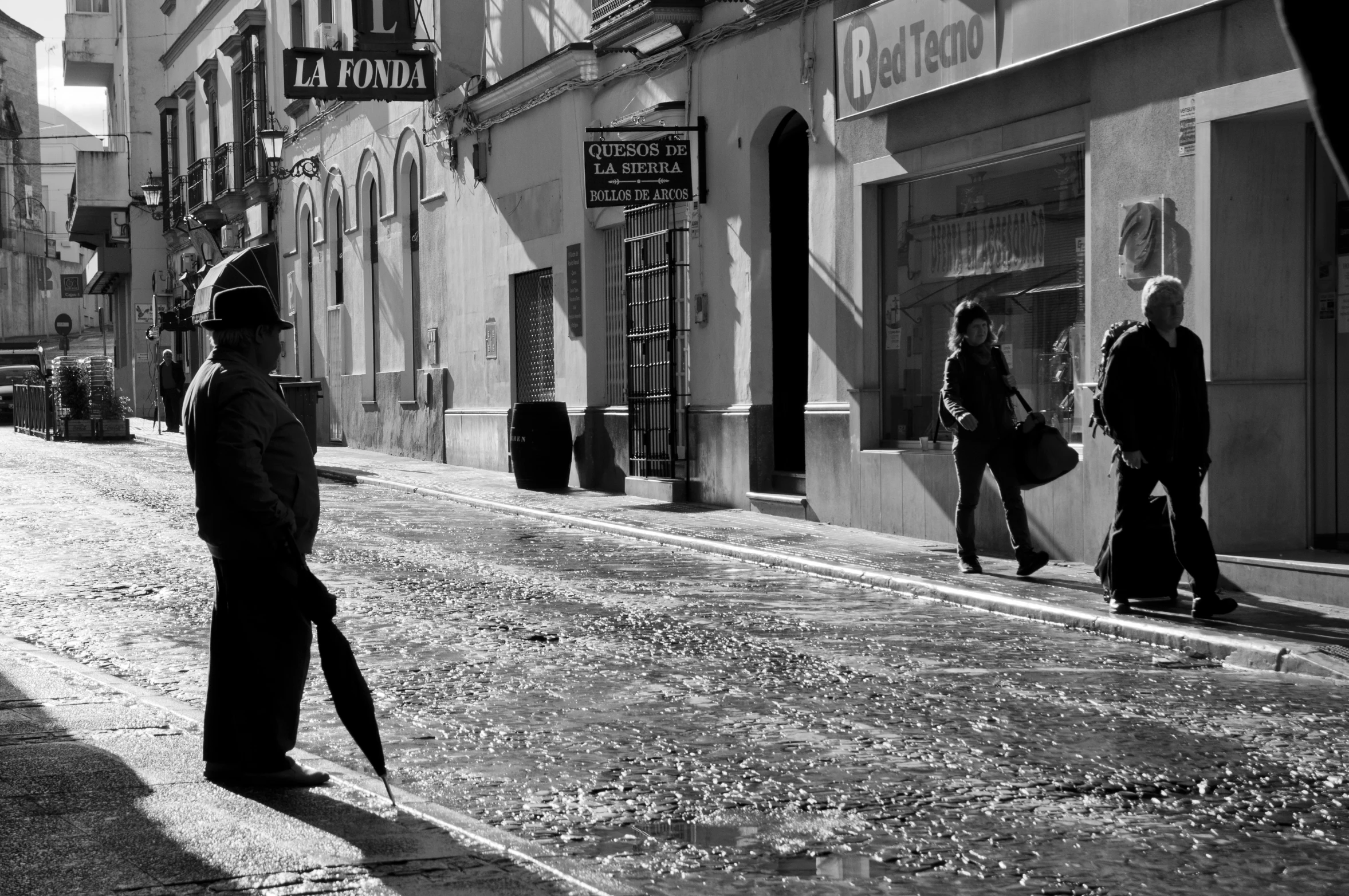 the person walking in a street with an umbrella