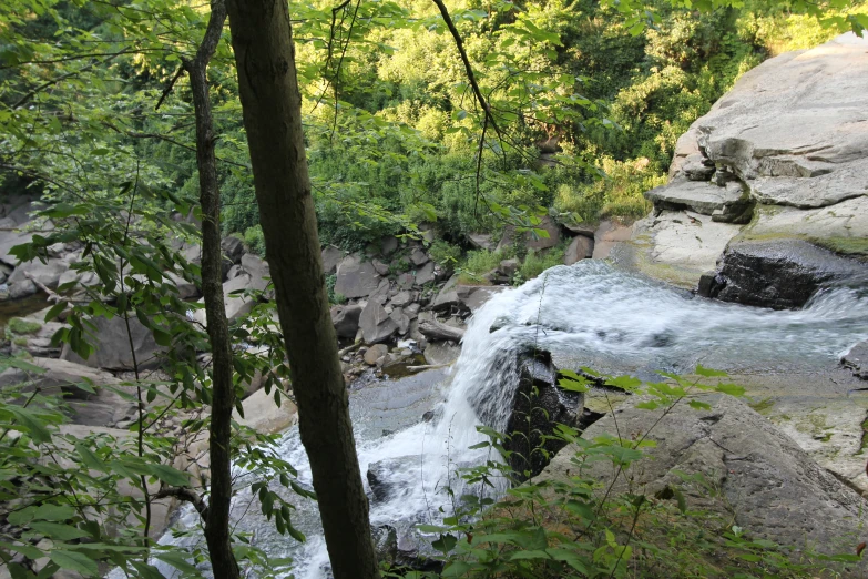 a rocky waterfall running alongside a green forested hillside