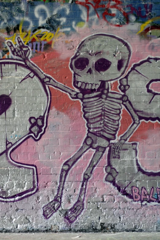a graffiti wall with a skeleton holding a large clock