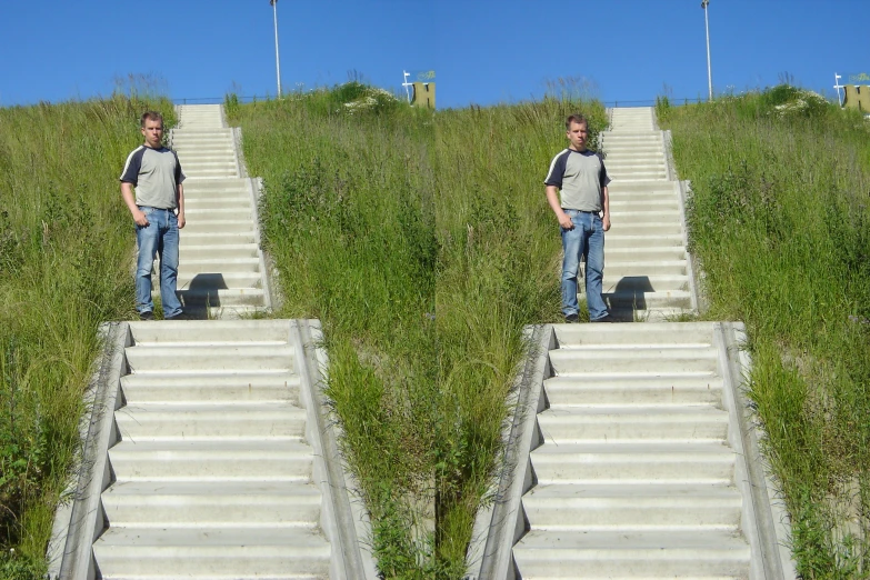 a man standing on a set of stairs surrounded by tall grass