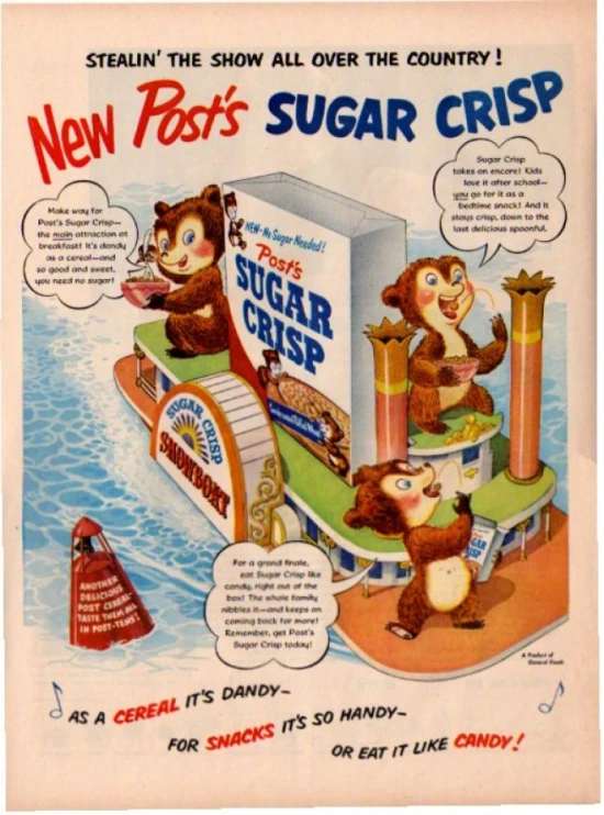 an old advertising for sugar crisp with a picture of bears on the side