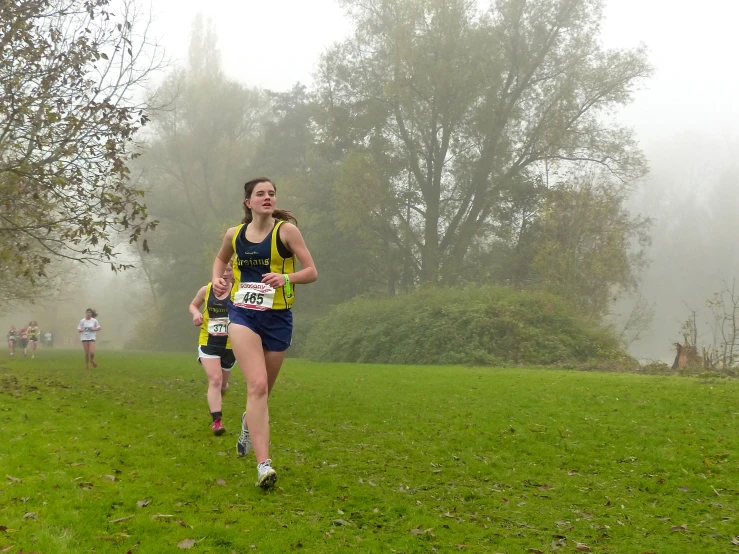 a person running in the fog on a field