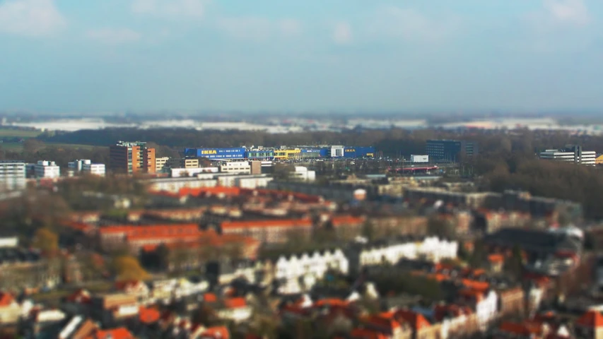 a blurry view of buildings from the air