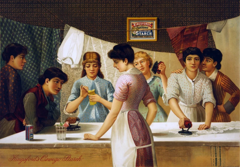 a painting of a woman standing behind a counter serving girls