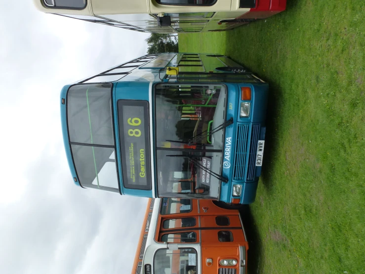 three buses are on the grass by each other