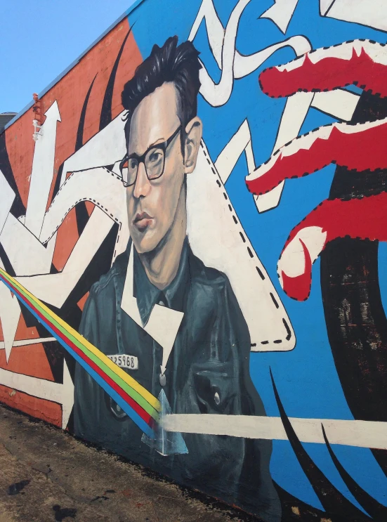 a painting of a man wearing glasses with a rainbow toothbrush