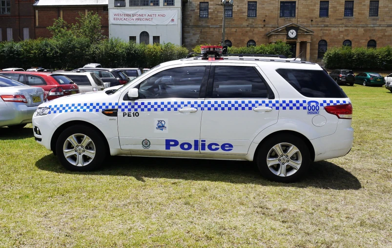 the police car is parked on a grass field