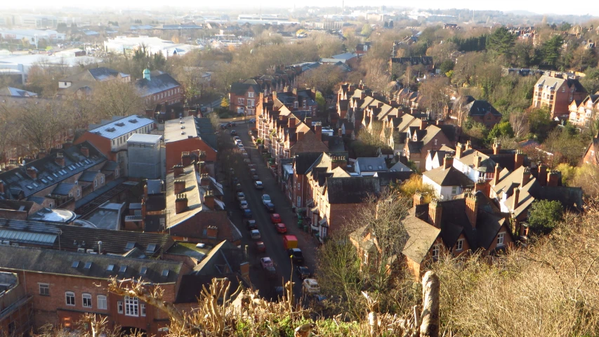 a city in the distance with a few buildings on each side