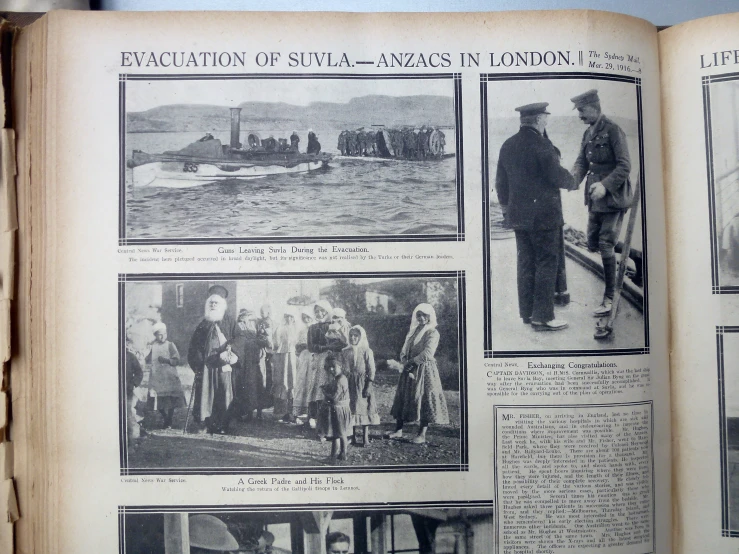 an open book showing pictures of people in various locations