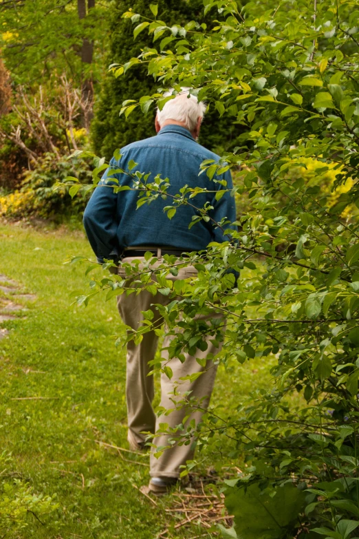 an older man standing on the grass in front of trees