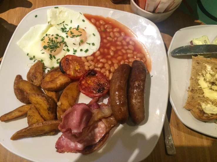 plate of food including beans, sausages and eggs