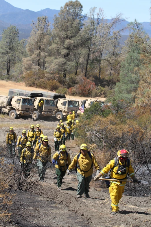 a group of men in yellow jackets and yellow uniforms are hiking