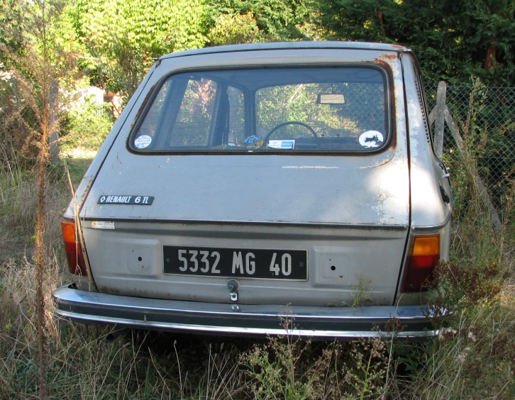 the back of an old car is seen parked in tall grass