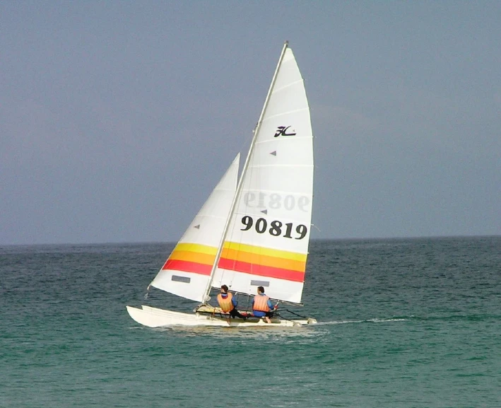 two people in small sail boat on choppy ocean