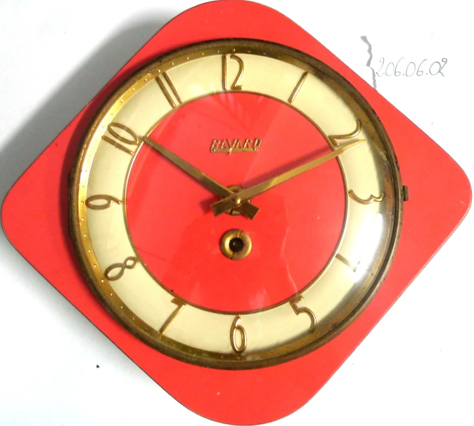 red clock with ss hands and numbers on display
