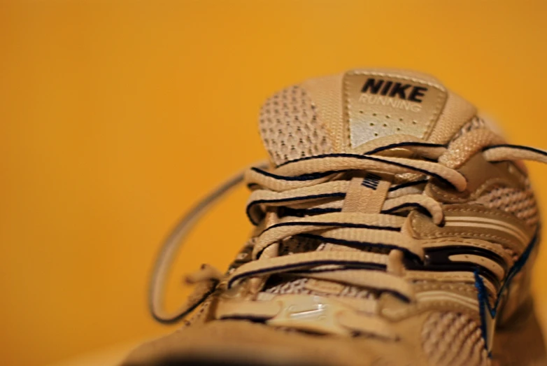 a tennis shoe is shown with its laces tied together
