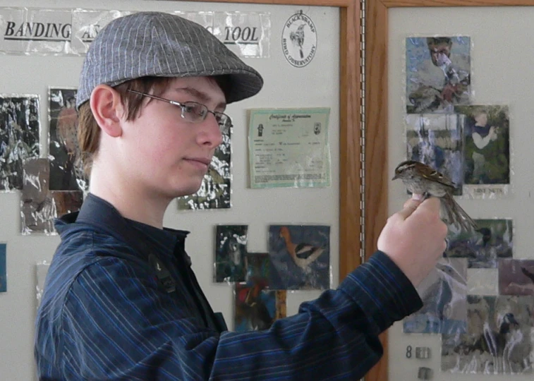 a little boy is looking at a bird