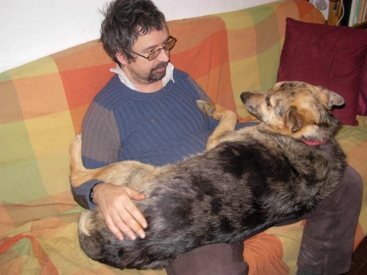 a man sits on a couch with a large dog