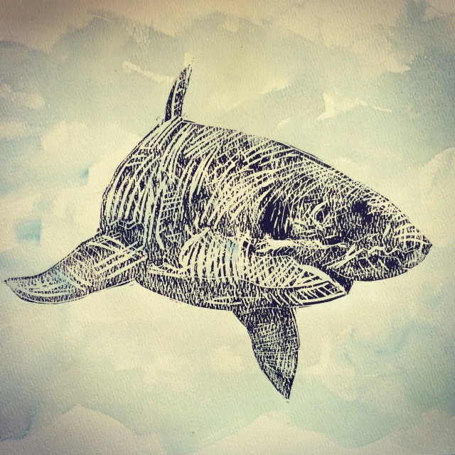 an inked image of a shark against a blue background