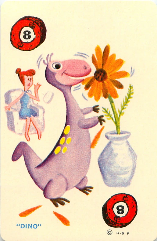 a picture of a card featuring a cartoon animal with a flower