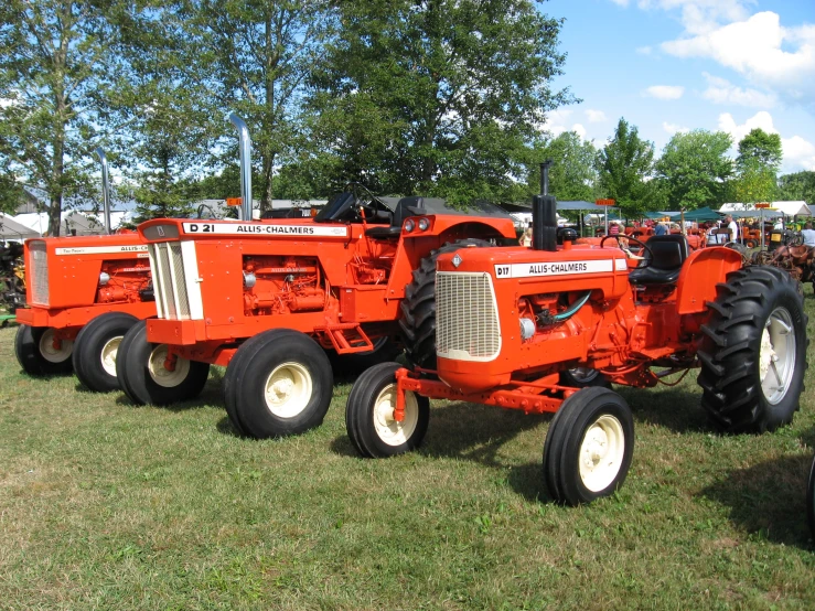 two vintage farmall tractors sit parked in a field