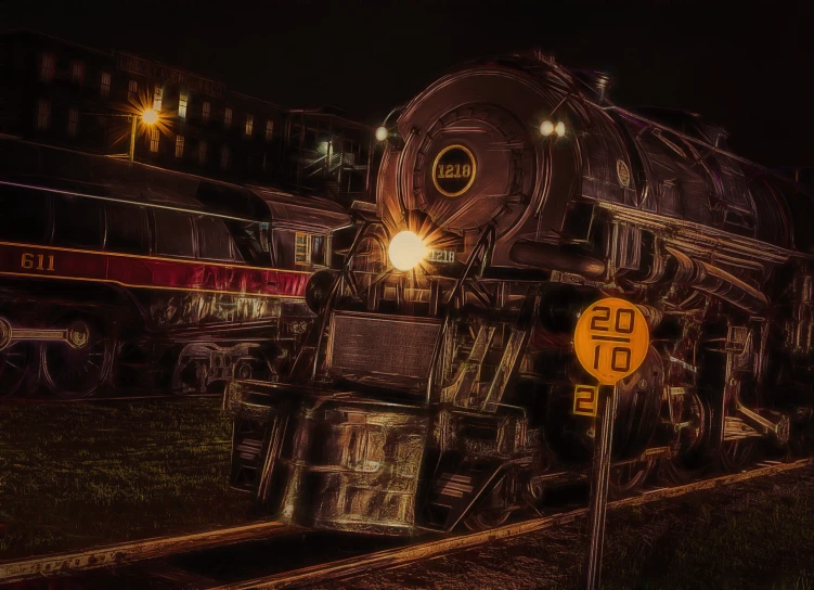 a train engine pulling out of a station at night