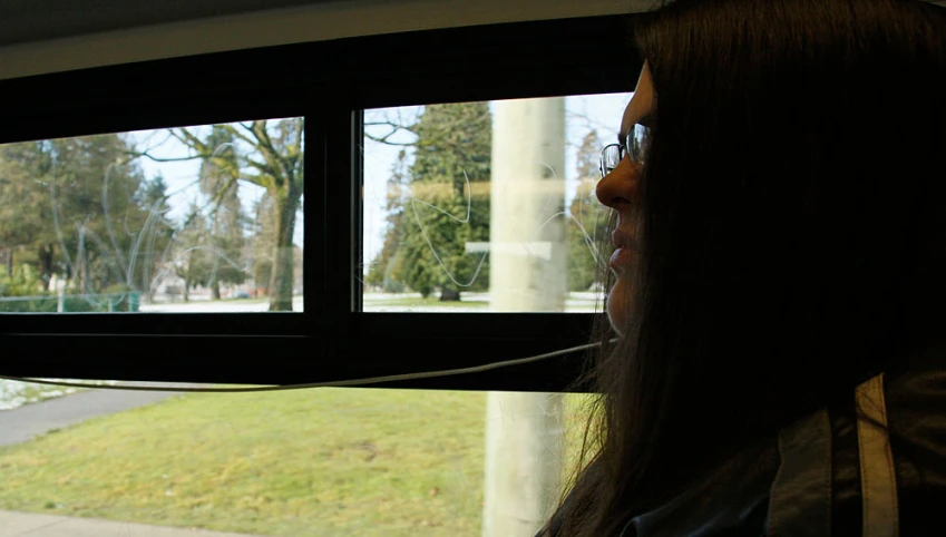 a person sitting in a bus, looking out the window