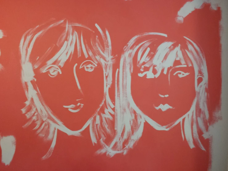 the two young women are drawn on a red wall