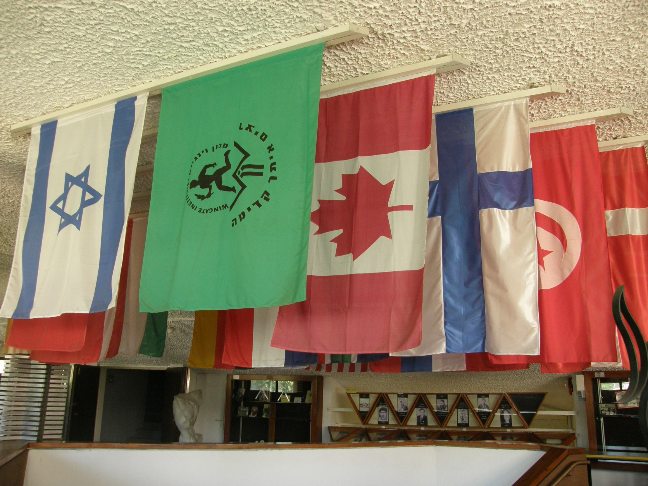 an assortment of canada and us flags are hanging from a wall