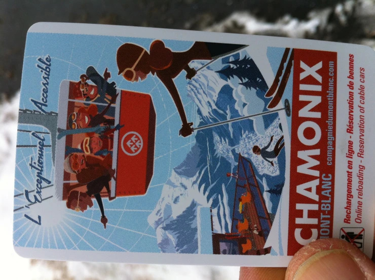 someone holds a ski card with pos of the people on it