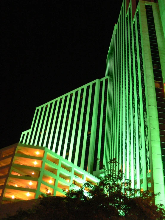 the building is white and black with a vertical striped design