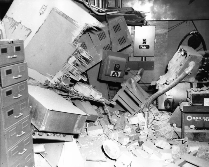 a room with piles of electronic equipment and paper