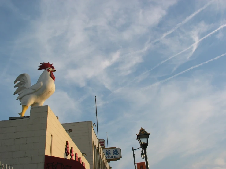 a building that has some lights and a rooster on top