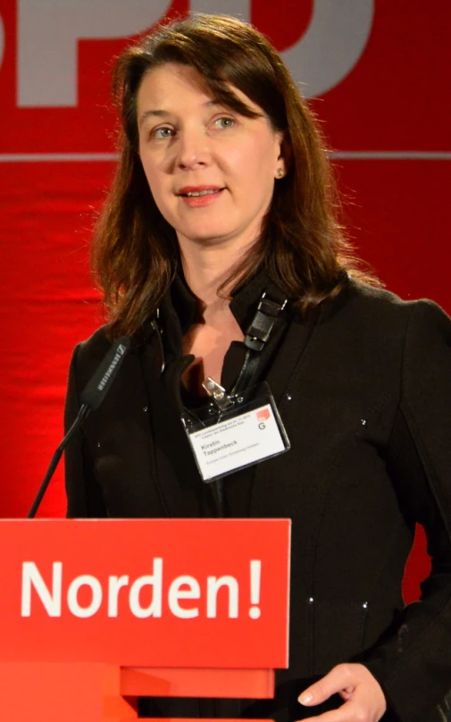 a woman standing at a podium talking to people
