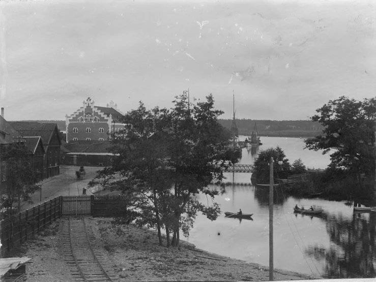 this is a black and white image of water that is in the town