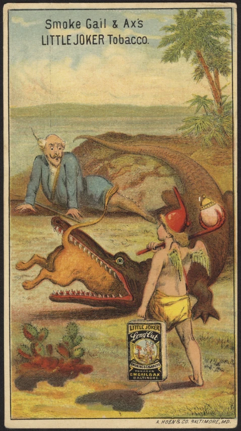 a painting depicting a man in costume next to a big alligator